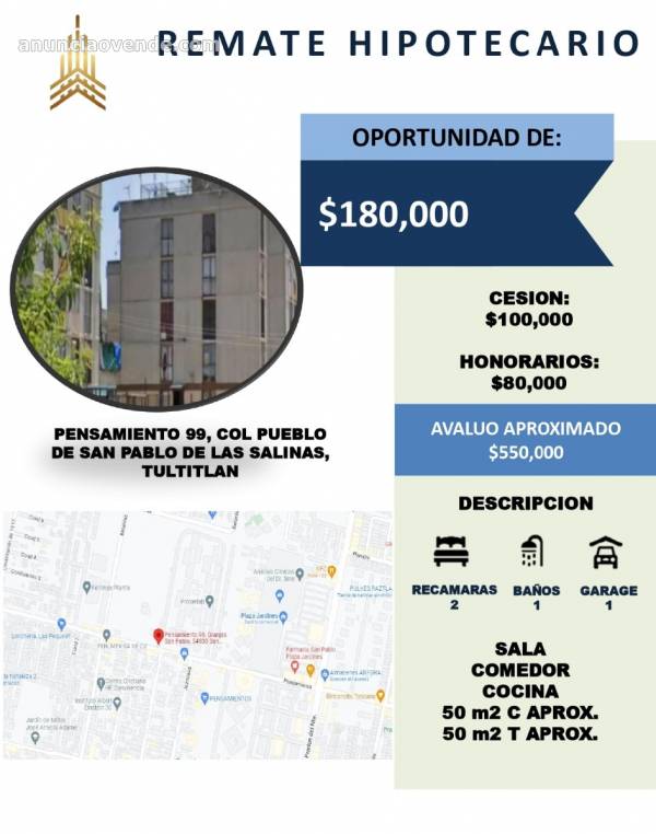 DEPTO. ADJUDICIADO EN REMATÉ BANCARIO: $180,000.00